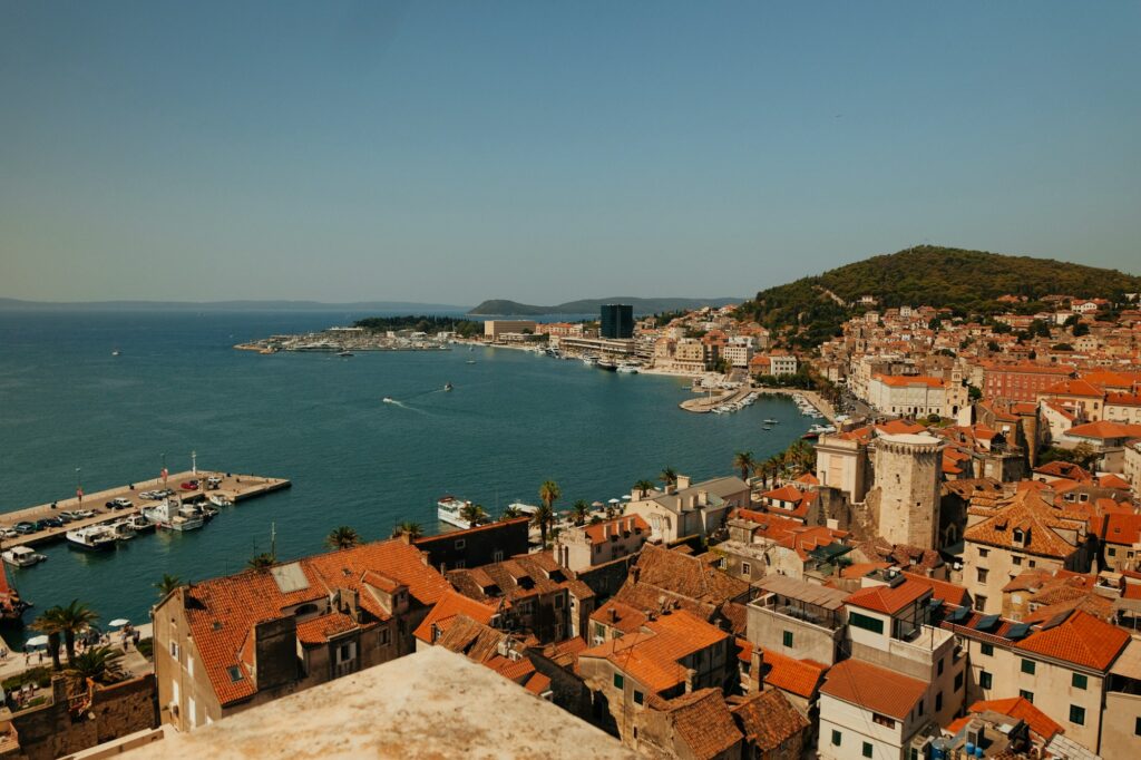 View over Split old town rooftops and the harbour from the cathedral bell tower